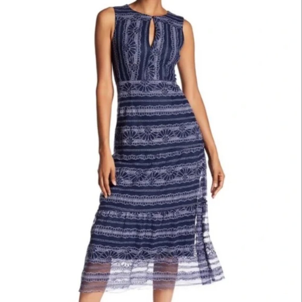 Nanette Lepore Blue Dewdrop Lace Midi Dress Sz 8